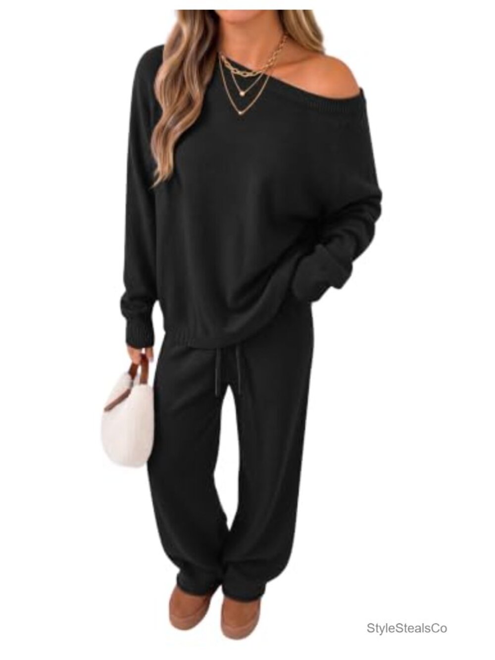 Off Shoulder 2 Piece Lounge Sweater Set Wide Leg Knit Matching Set